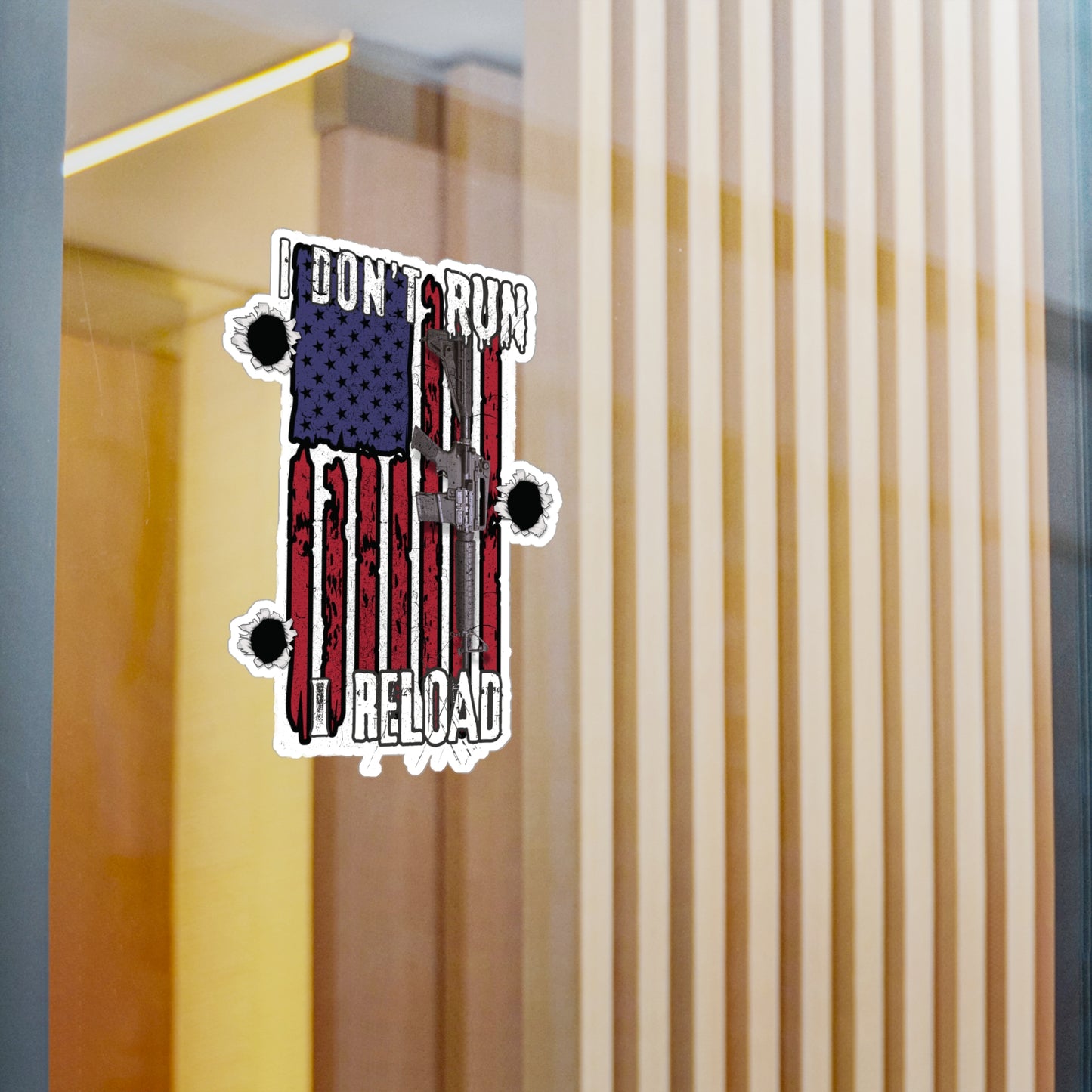 Bold American Flag Gun Decal - 'I Don't Run, I Reload' Sticker for Patriotic Decor