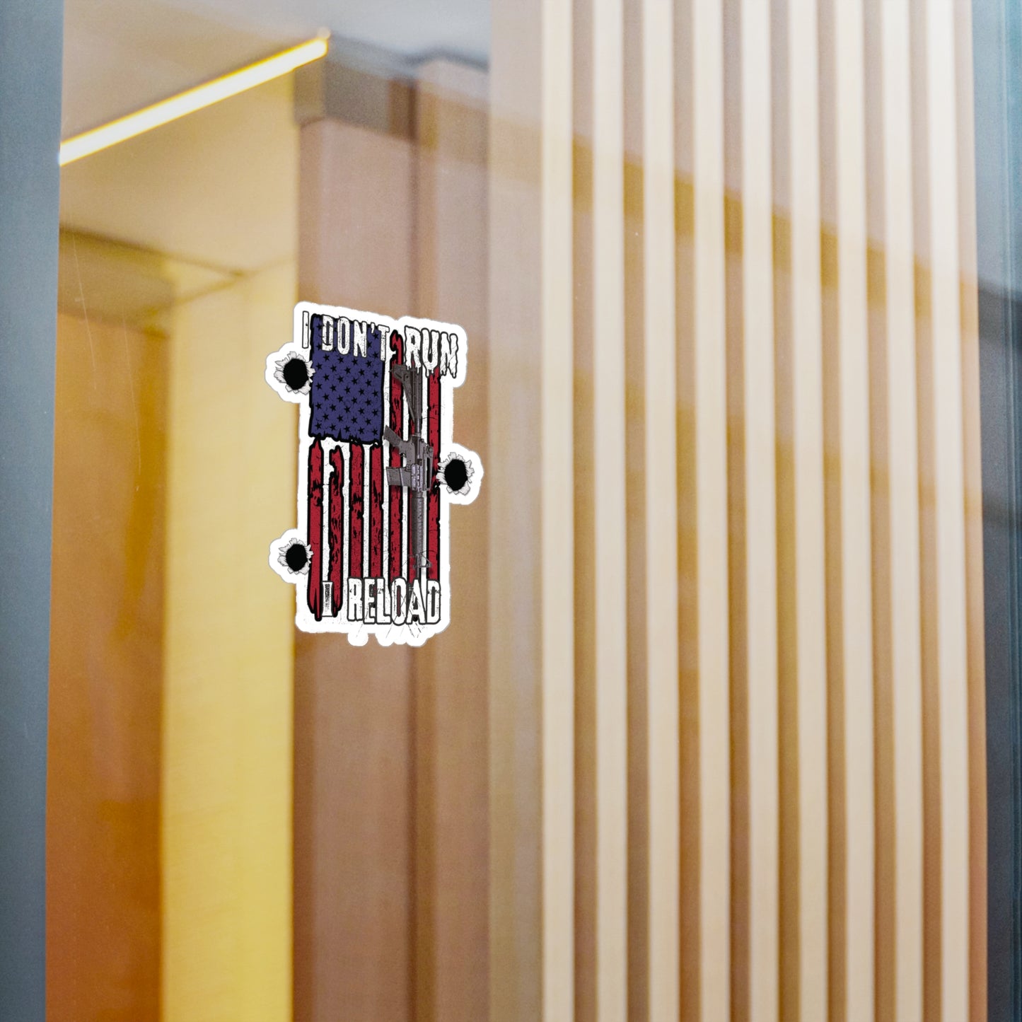 Bold American Flag Gun Decal - 'I Don't Run, I Reload' Sticker for Patriotic Decor