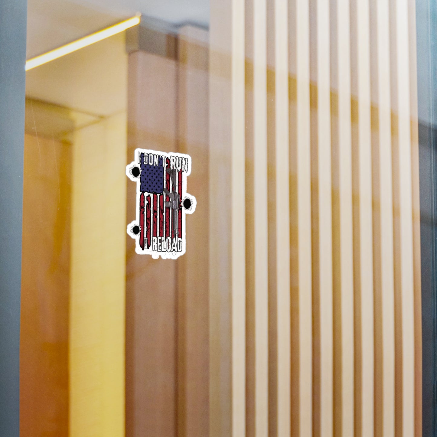 Bold American Flag Gun Decal - 'I Don't Run, I Reload' Sticker for Patriotic Decor
