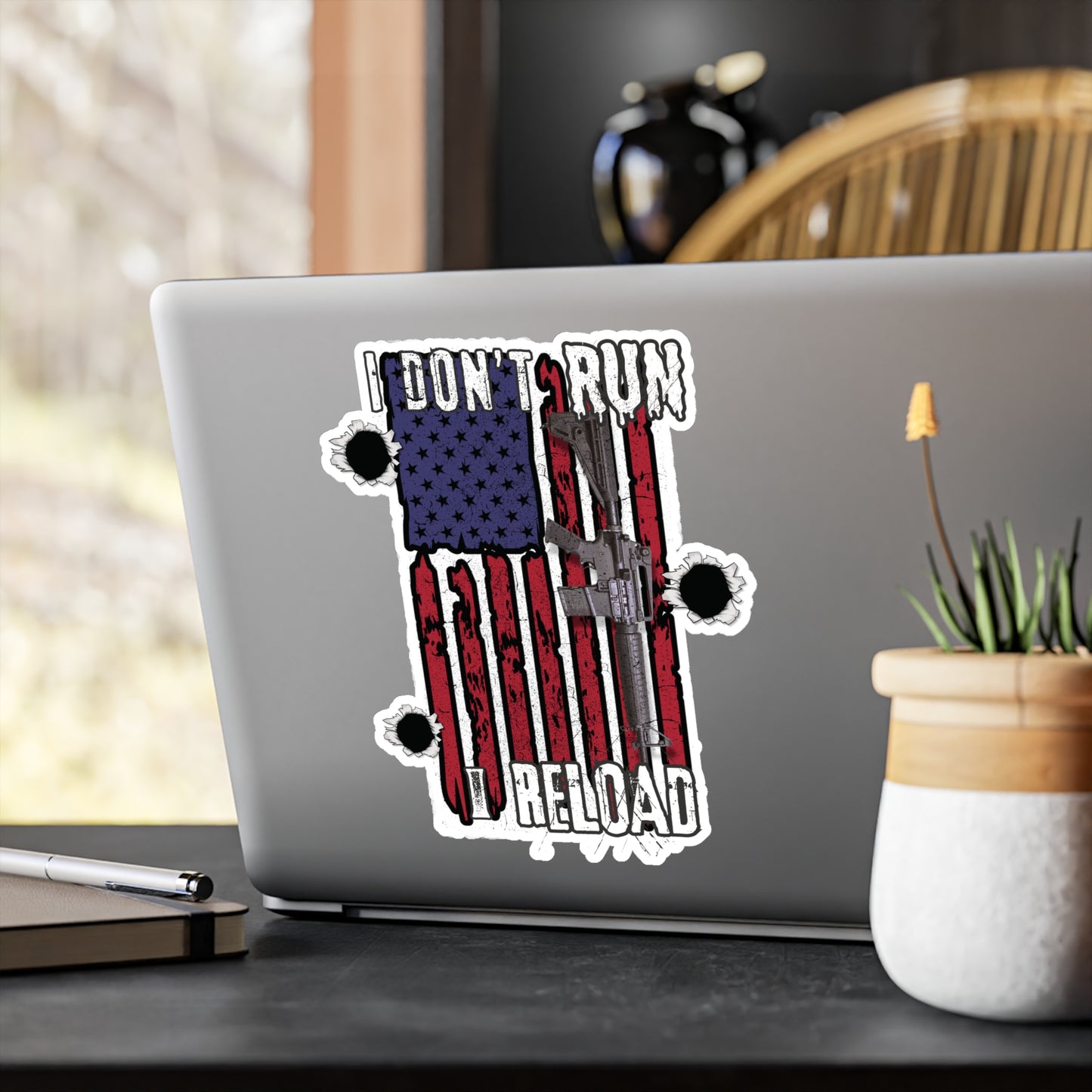 Bold American Flag Gun Decal - 'I Don't Run, I Reload' Sticker for Patriotic Decor