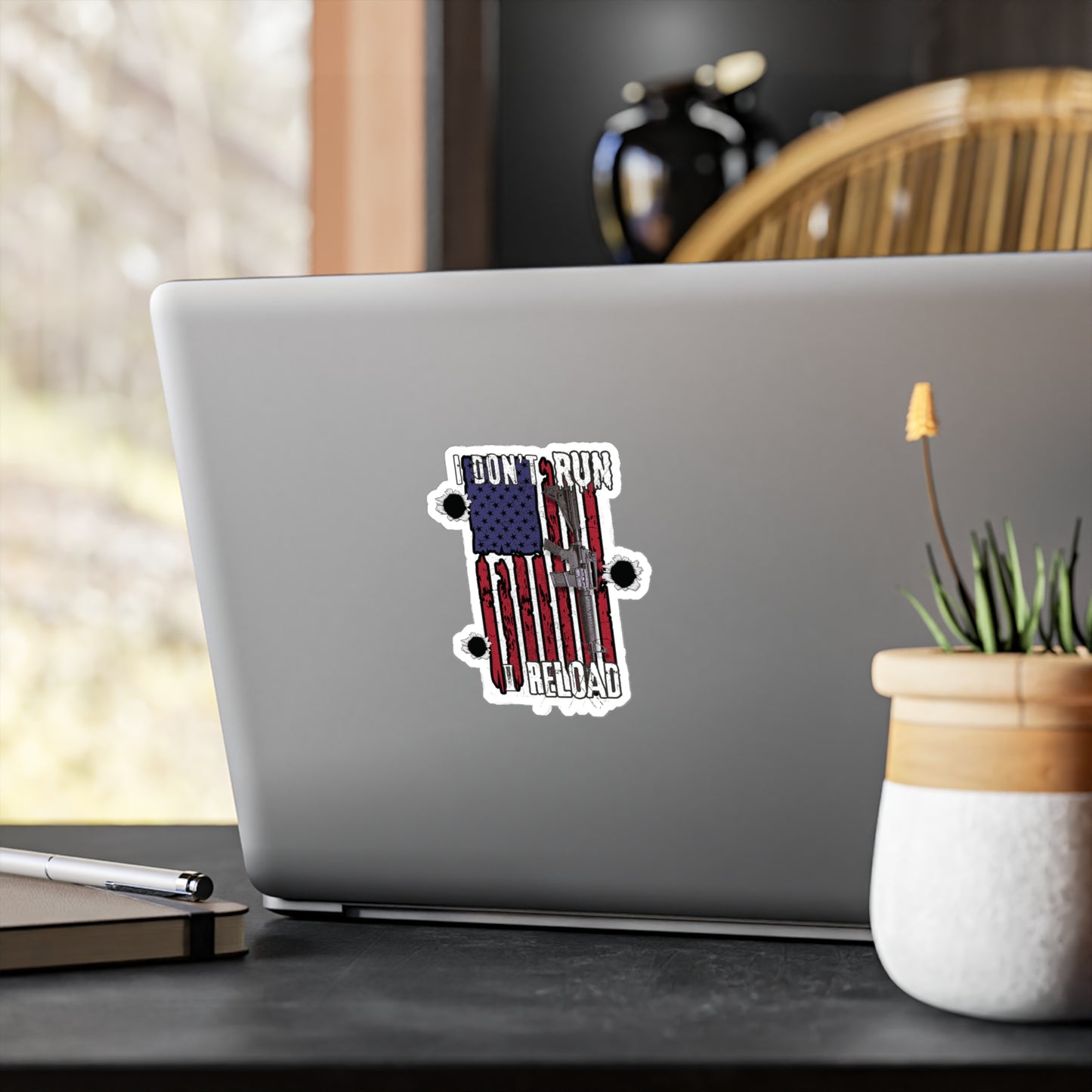 Bold American Flag Gun Decal - 'I Don't Run, I Reload' Sticker for Patriotic Decor