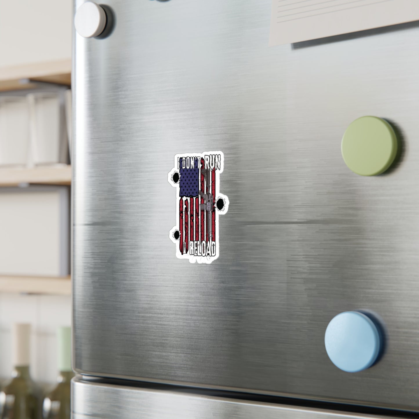 Bold American Flag Gun Decal - 'I Don't Run, I Reload' Sticker for Patriotic Decor