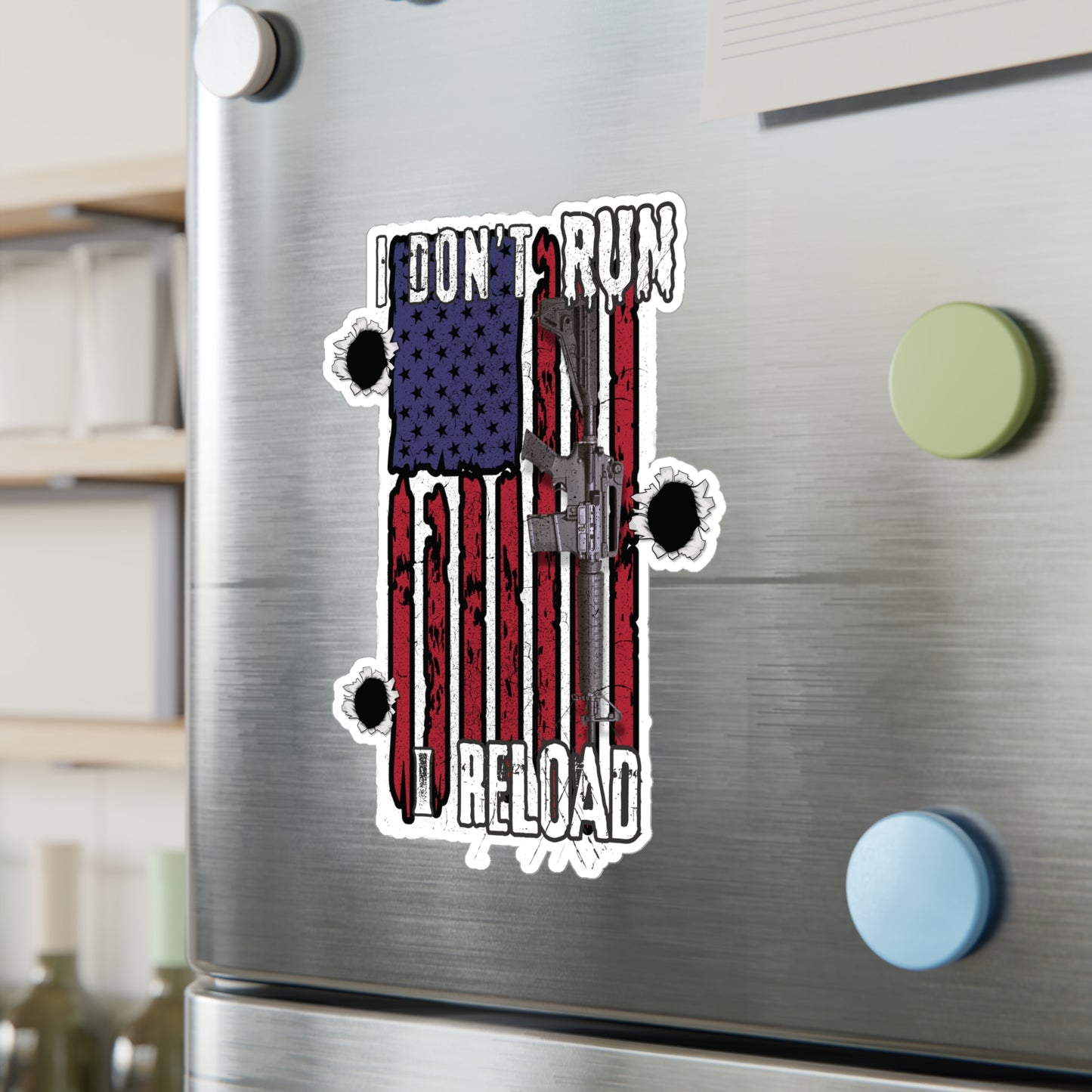 Bold American Flag Gun Decal - 'I Don't Run, I Reload' Sticker for Patriotic Decor