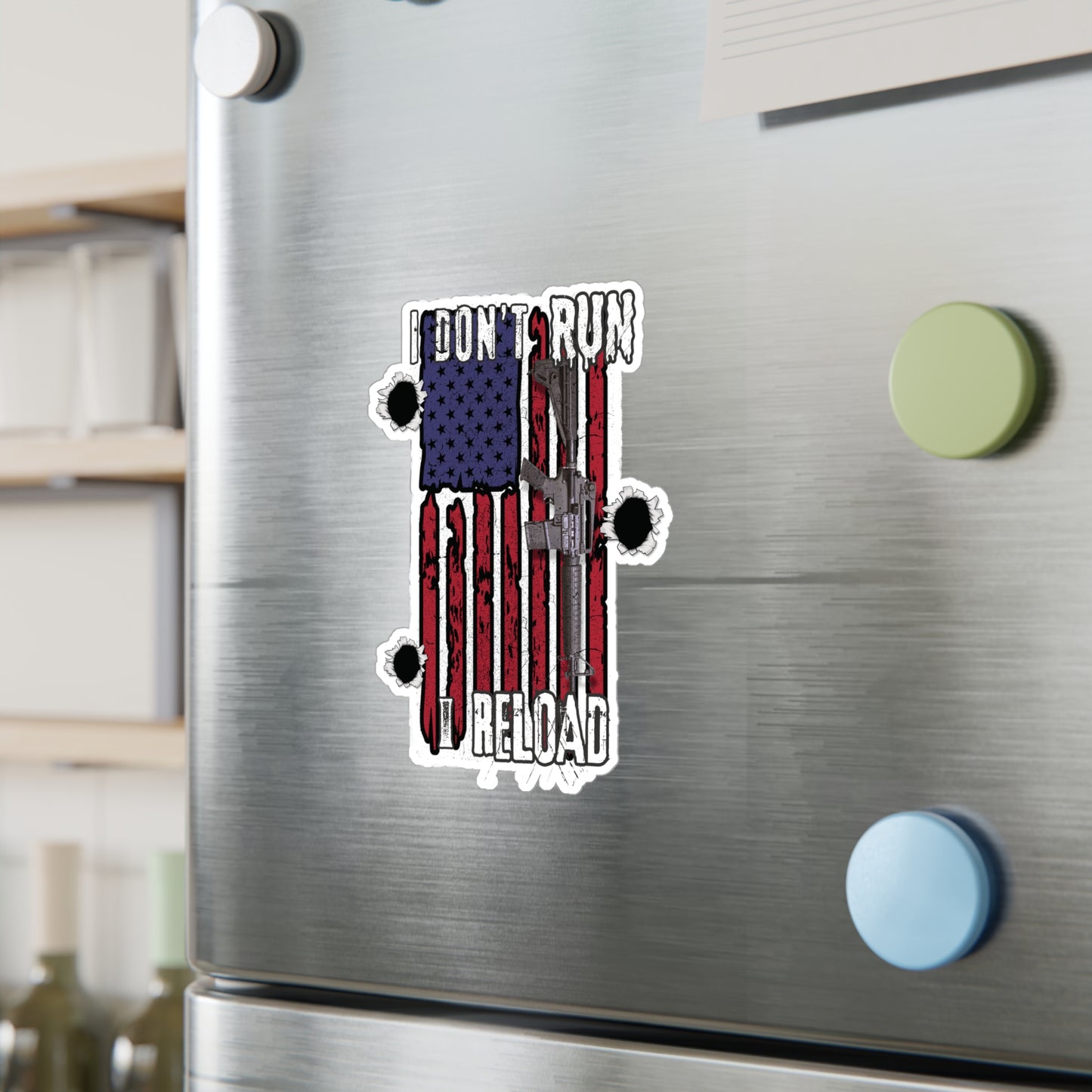 Bold American Flag Gun Decal - 'I Don't Run, I Reload' Sticker for Patriotic Decor