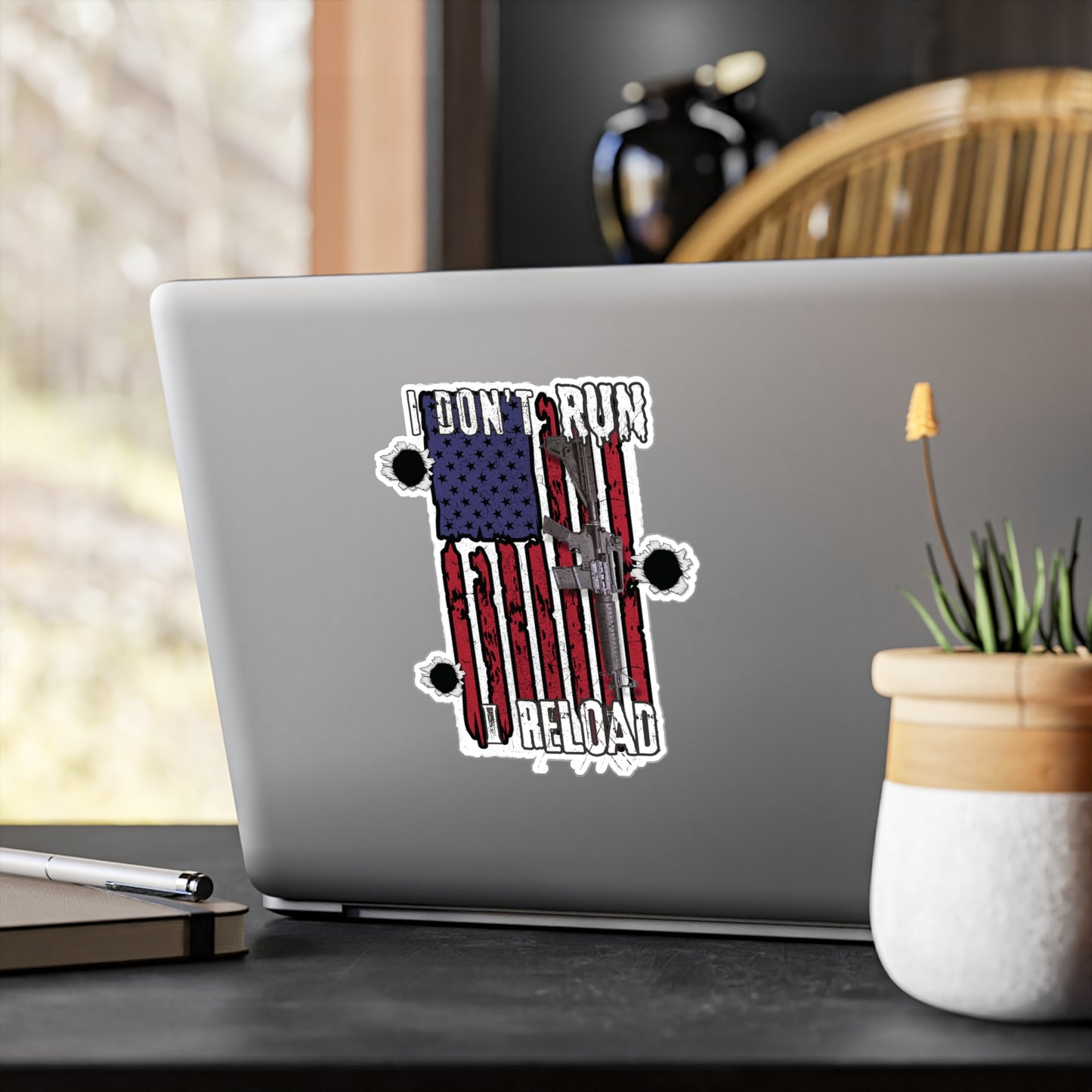 Bold American Flag Gun Decal - 'I Don't Run, I Reload' Sticker for Patriotic Decor