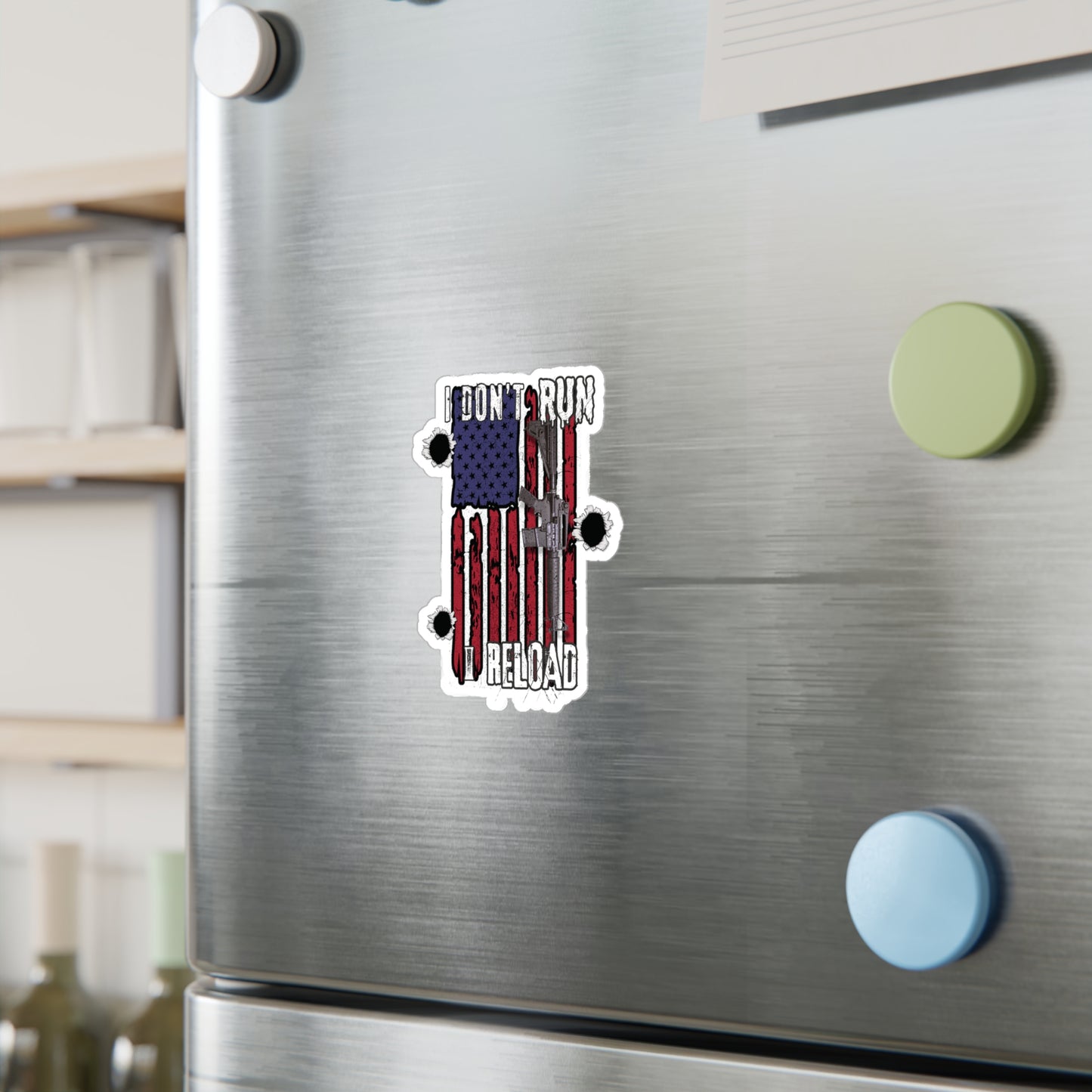 Bold American Flag Gun Decal - 'I Don't Run, I Reload' Sticker for Patriotic Decor
