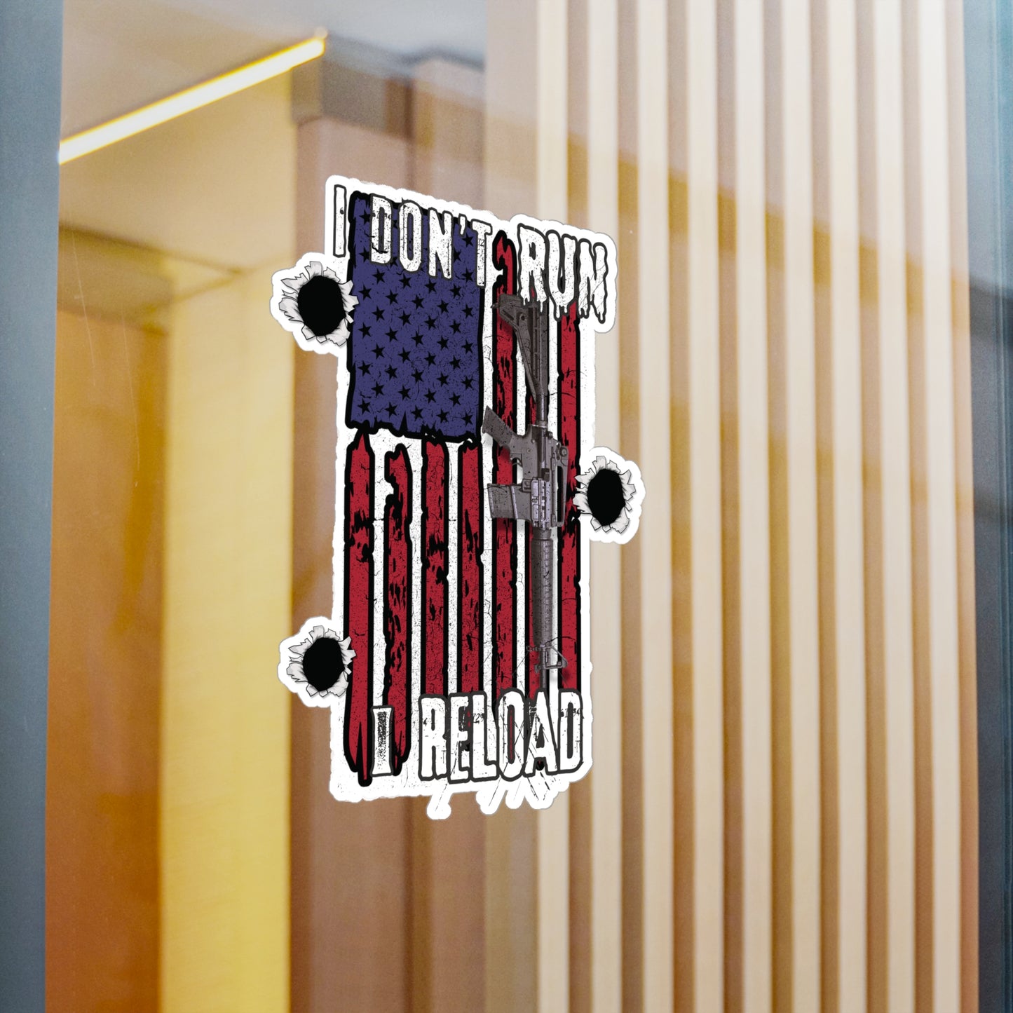 Bold American Flag Gun Decal - 'I Don't Run, I Reload' Sticker for Patriotic Decor